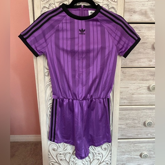Adidas originals purple jersey feel sporty streetwear retro shorts romper NWT S - Picture 10 of 12